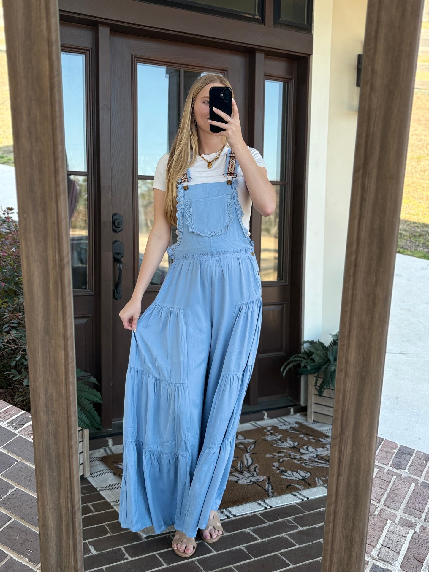 Lace Trim Sleeveless Jumpsuit, Denim
