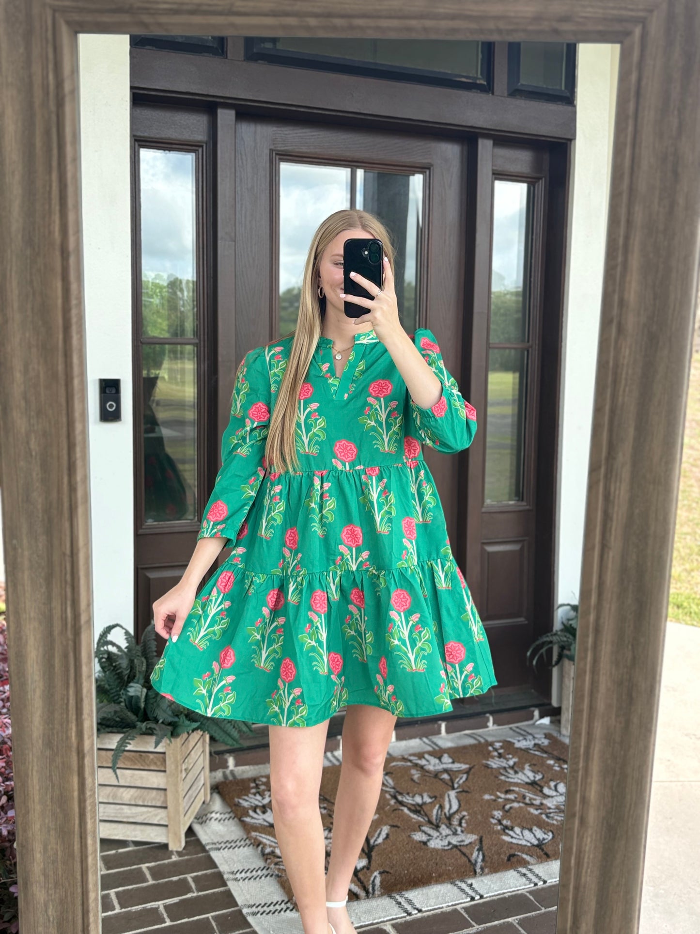 Green Long Sleeve V-neck Mini