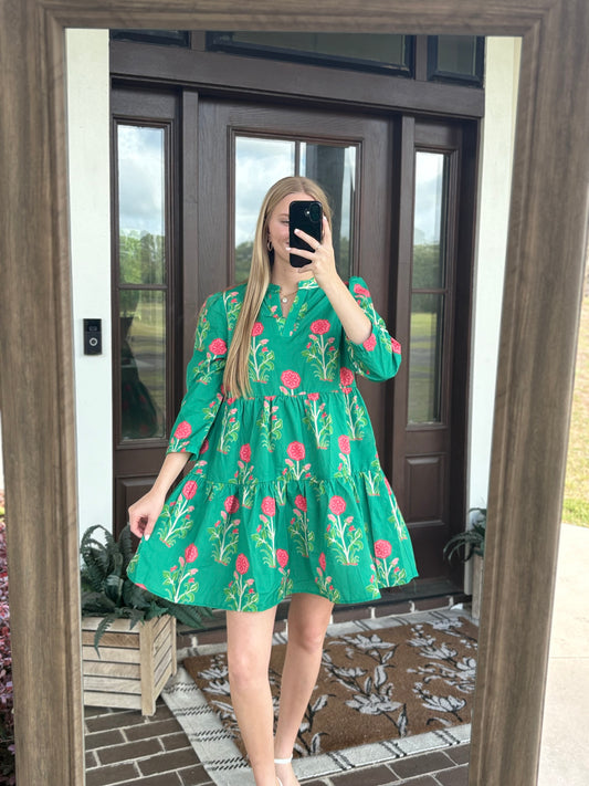 Green Long Sleeve V-neck Mini