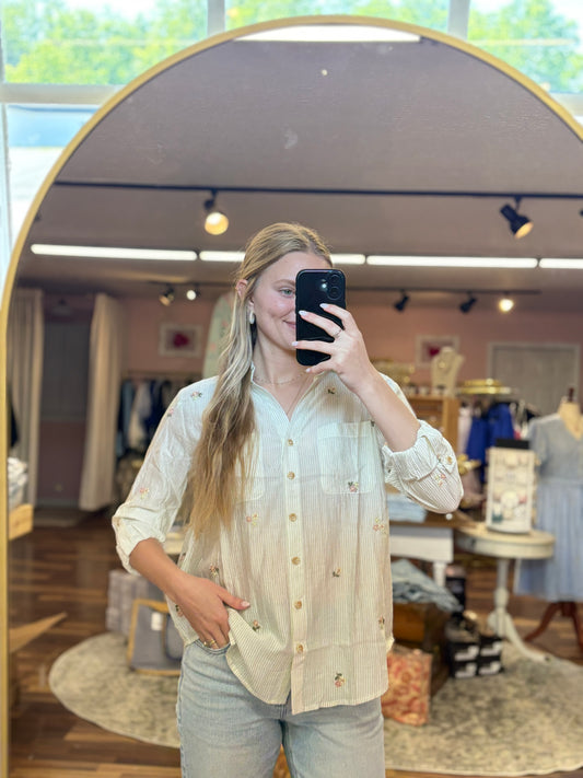 Light Olive Striped Floral Embroidered Top