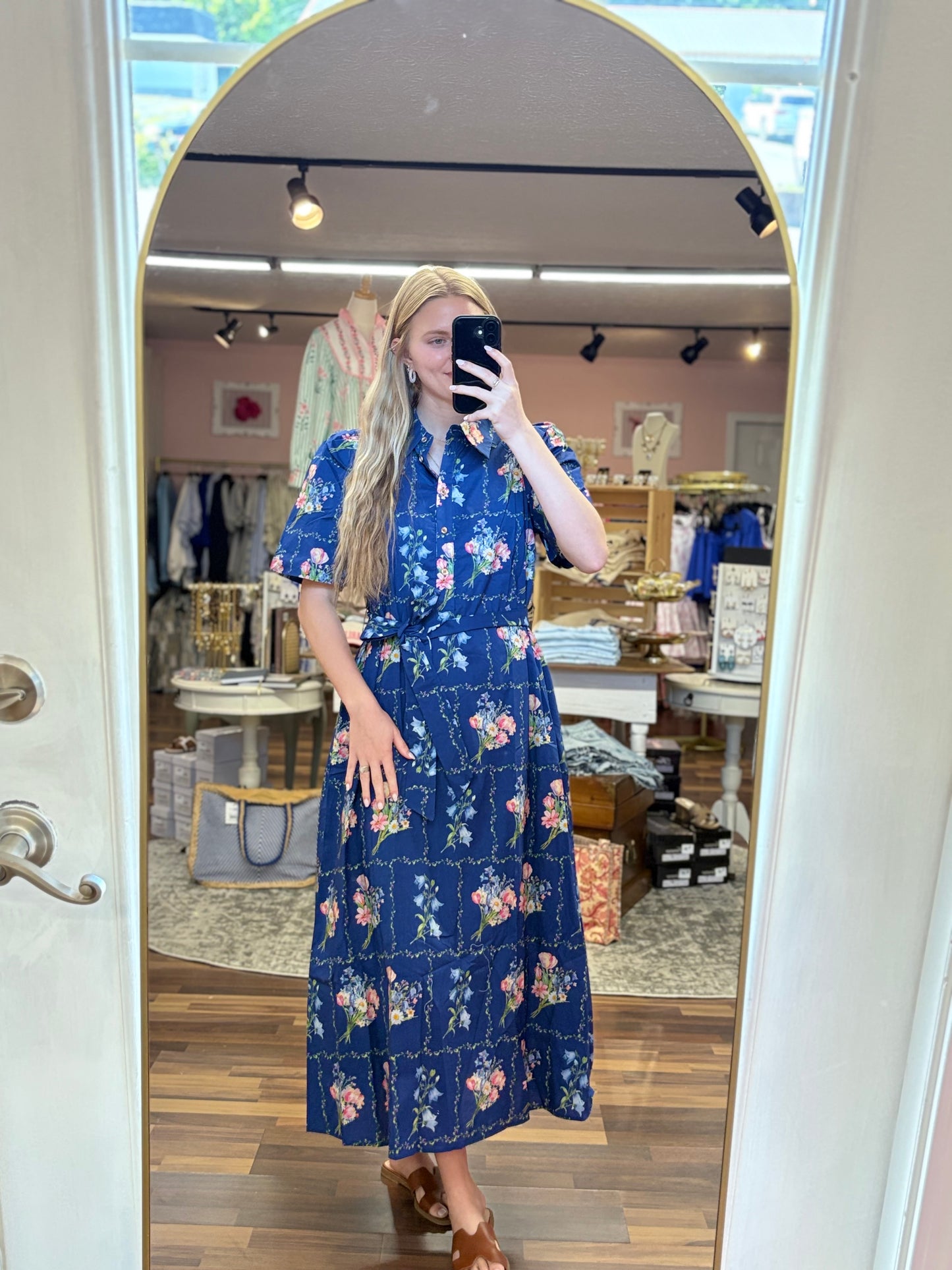 Navy Floral Tie Midi Dress