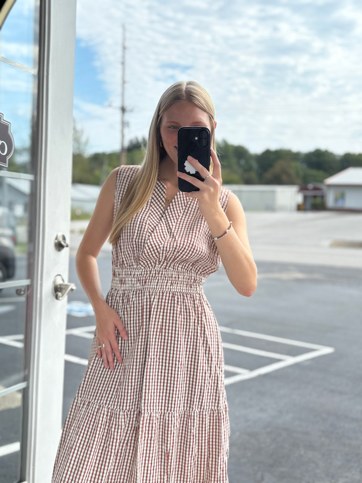 Brown Sleeveless Woven Gingham Maxi