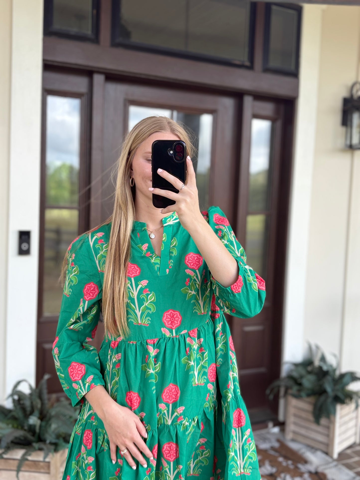 Green Long Sleeve V-neck Mini