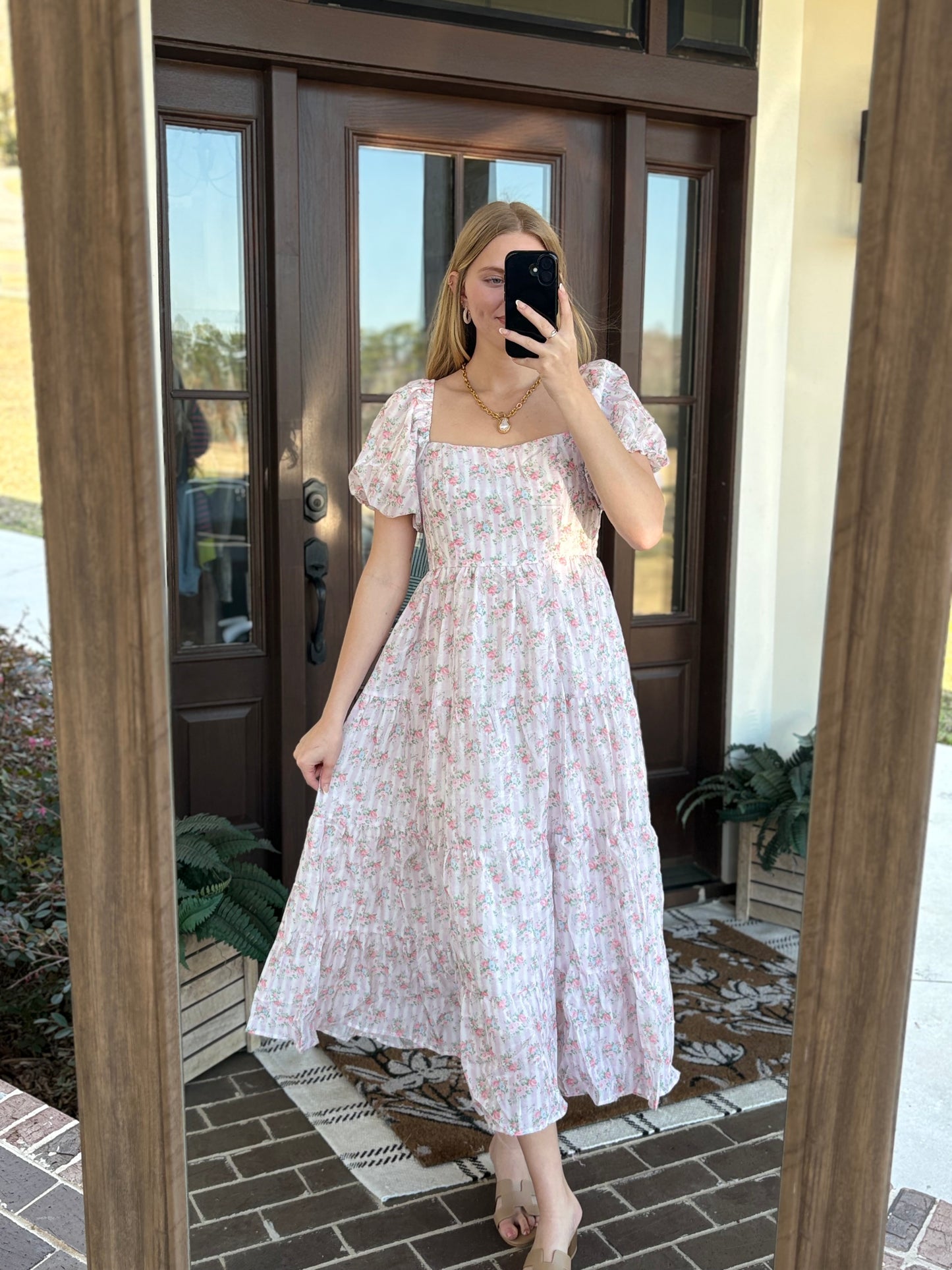 LT Pink Floral Bubble Sleeve Midi