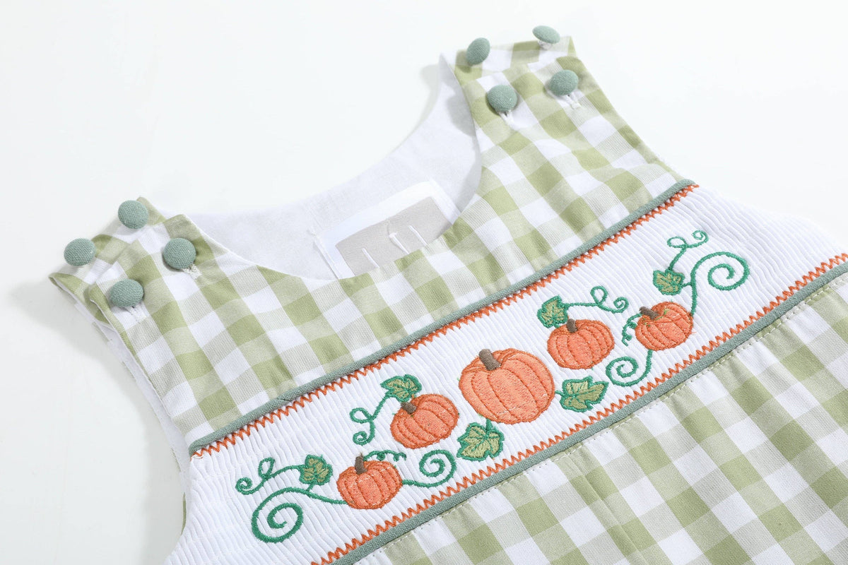Sage Green Gingham Pumpkin Smocked Overalls