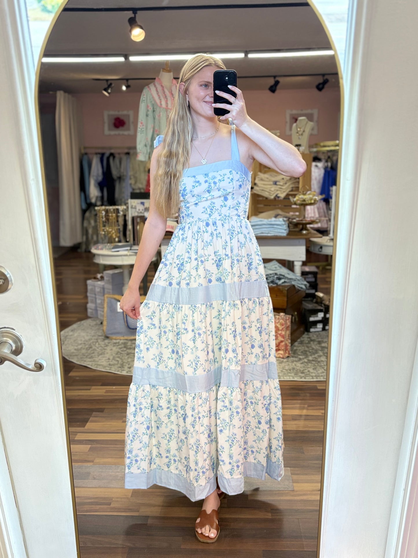 Blue Floral Print Teired Maxi