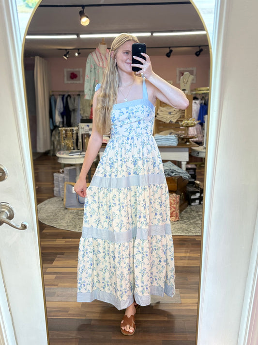 Blue Floral Print Teired Maxi