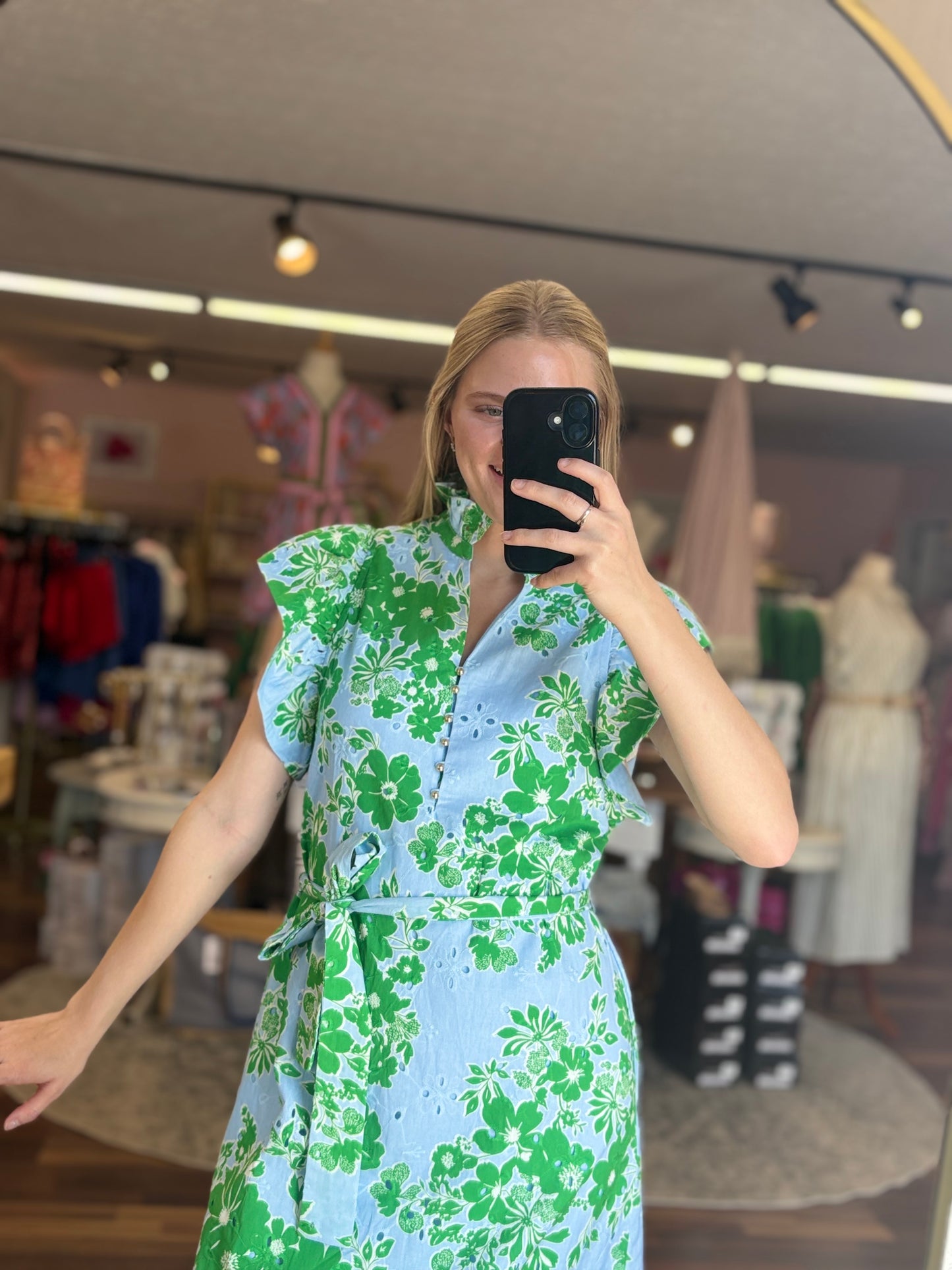 Blue Green Floral Eyelet Midi