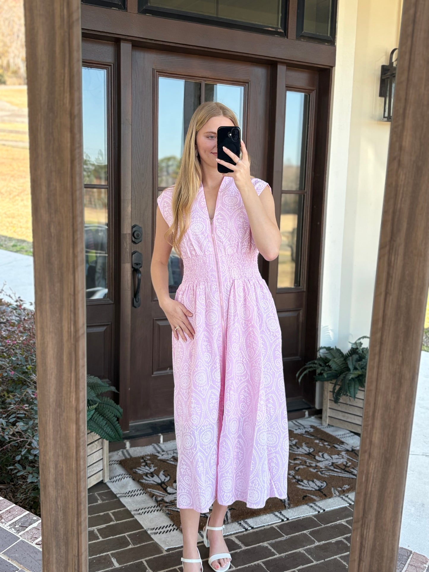 Pink Smocked Eyelet Midi