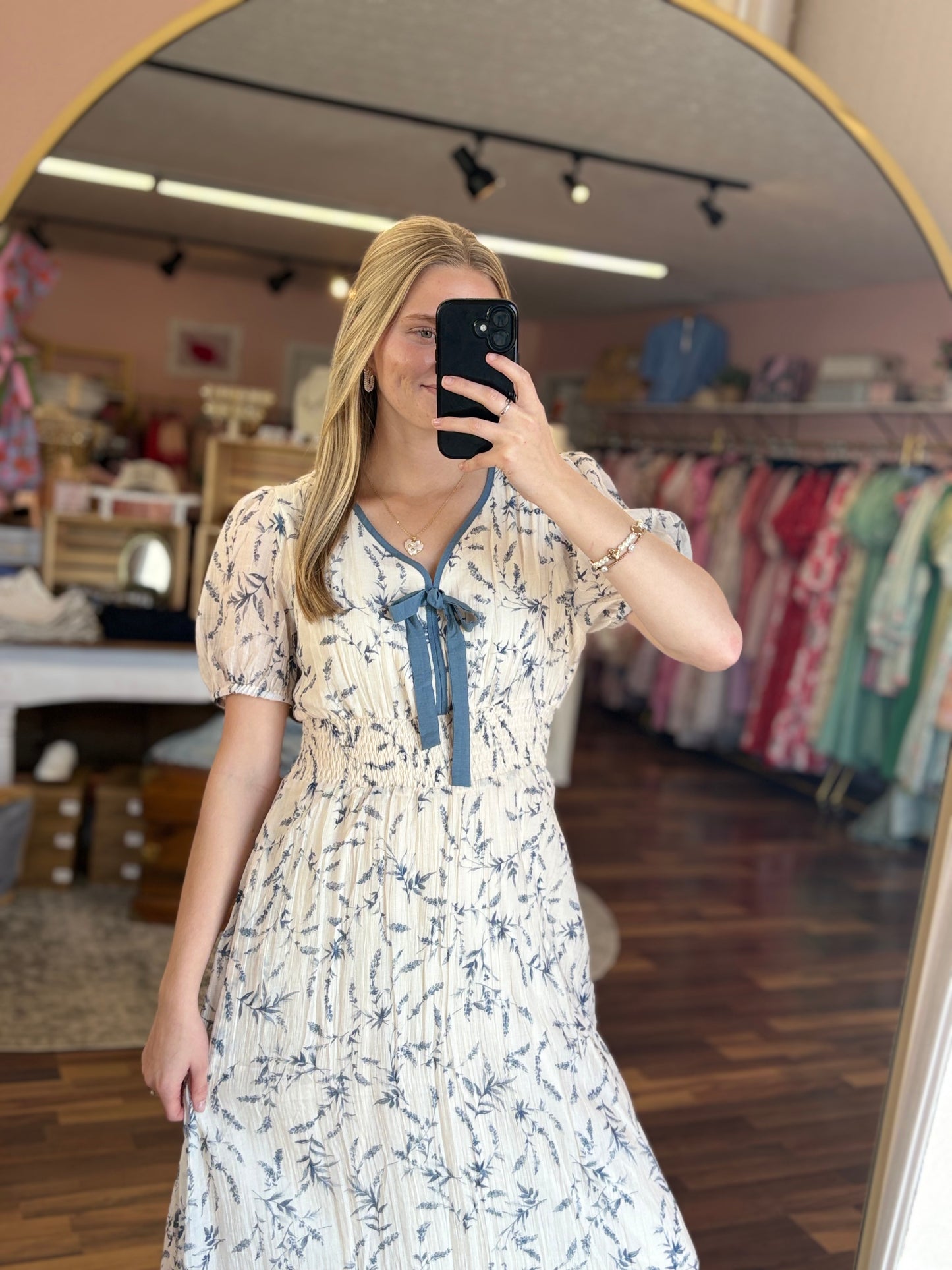 Blue Bow Smocked Floral Midi