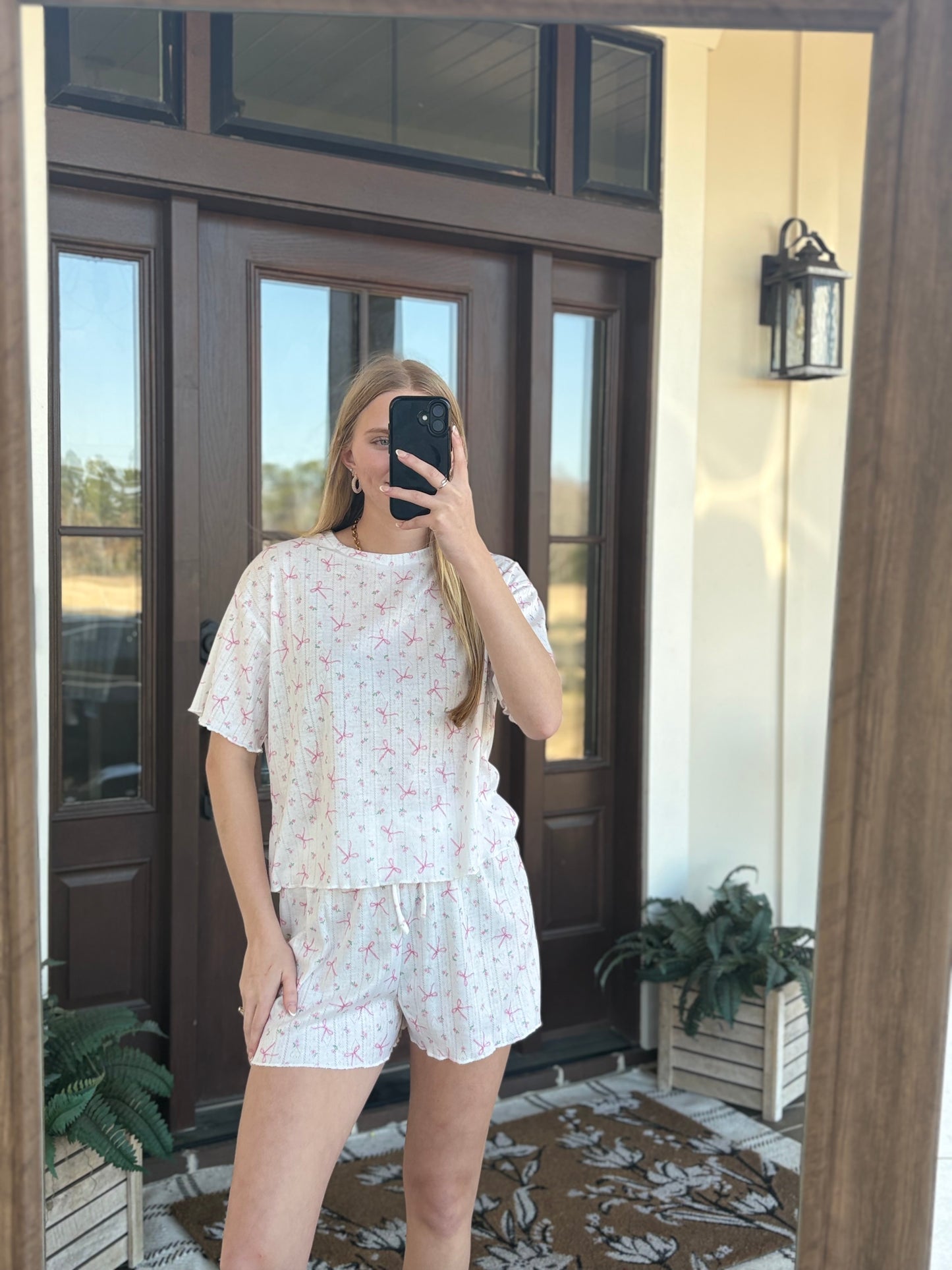 Bow and Floral Rib Knit Lounge Set