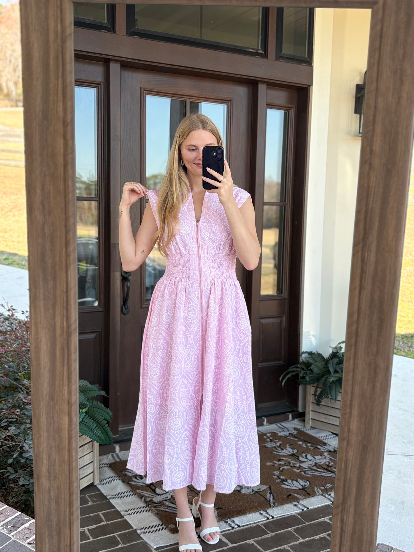 Pink Smocked Eyelet Midi