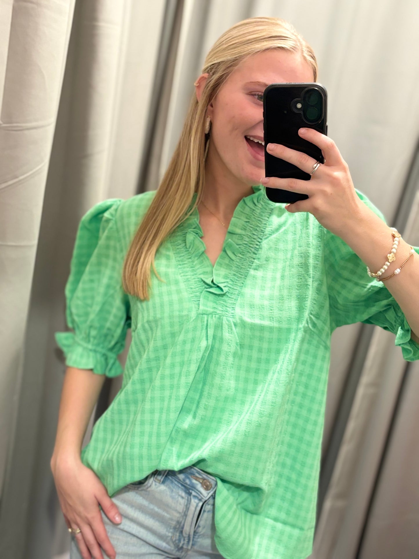 Island Green Smocked Frill Top