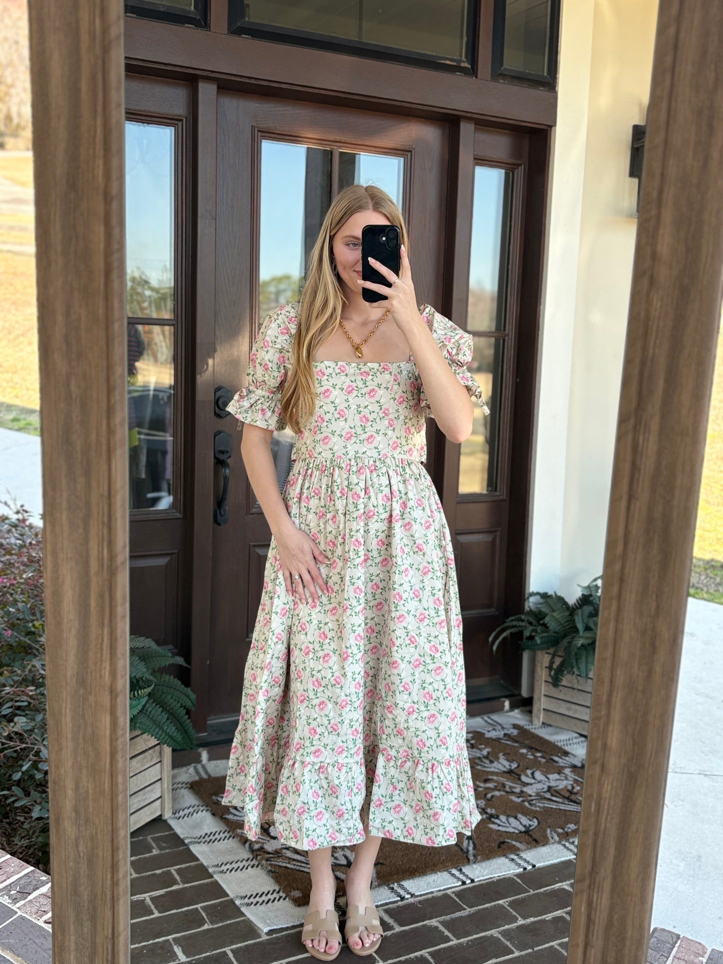 Taupe Pink Floral Flare Midi