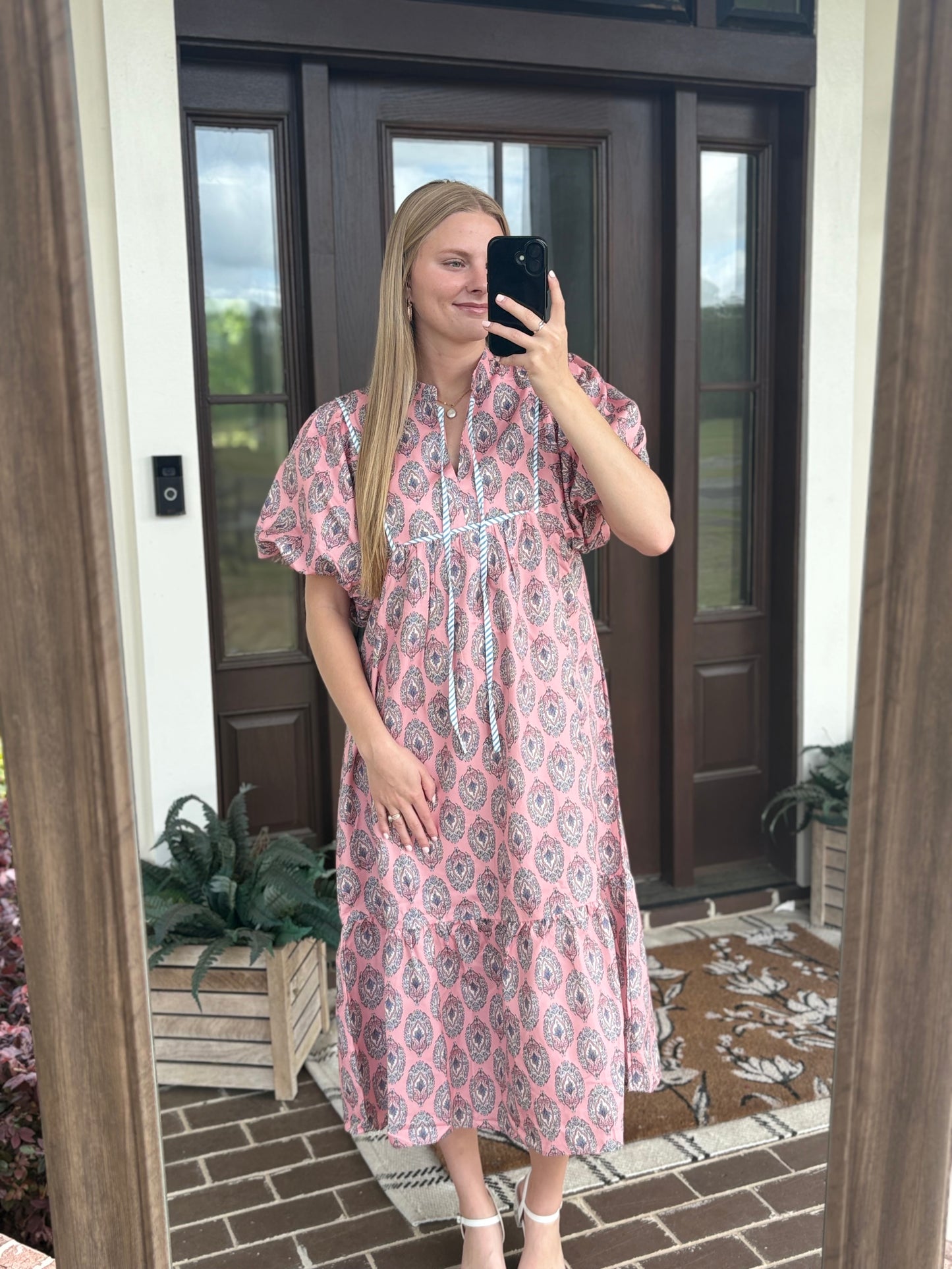 Pink Short Bubble Sleeve Midi