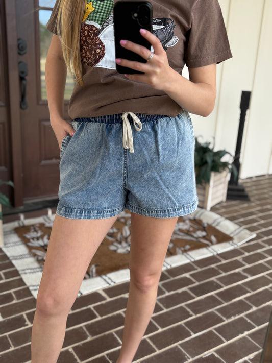 Acid Wash Drawstring Denim Shorts