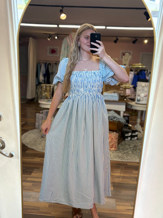Blue Puff Sleeve Striped Midi