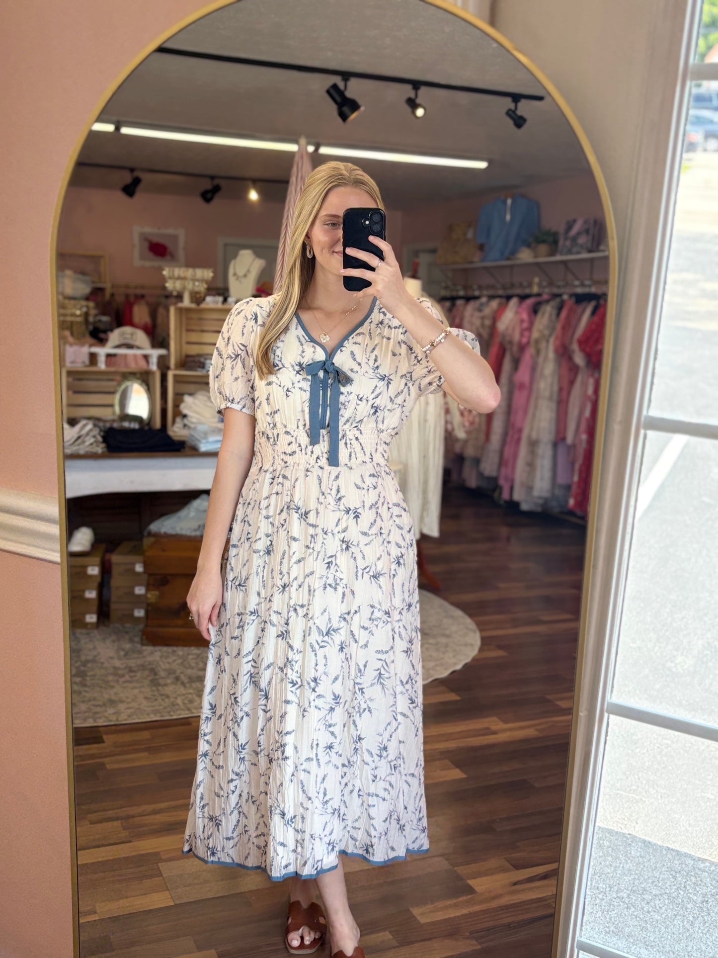 Blue Bow Smocked Floral Midi