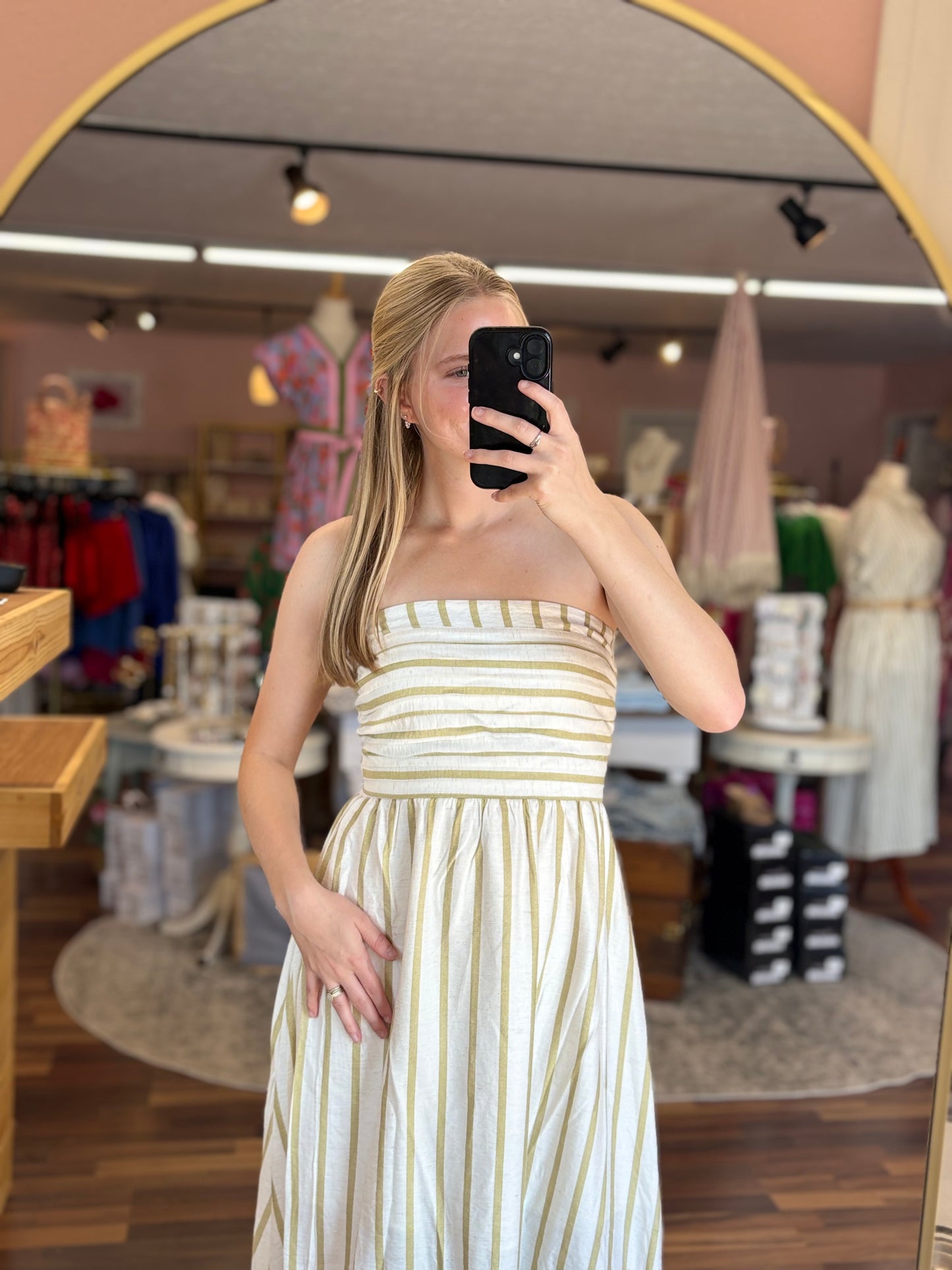 Olive Striped Strapless Midi