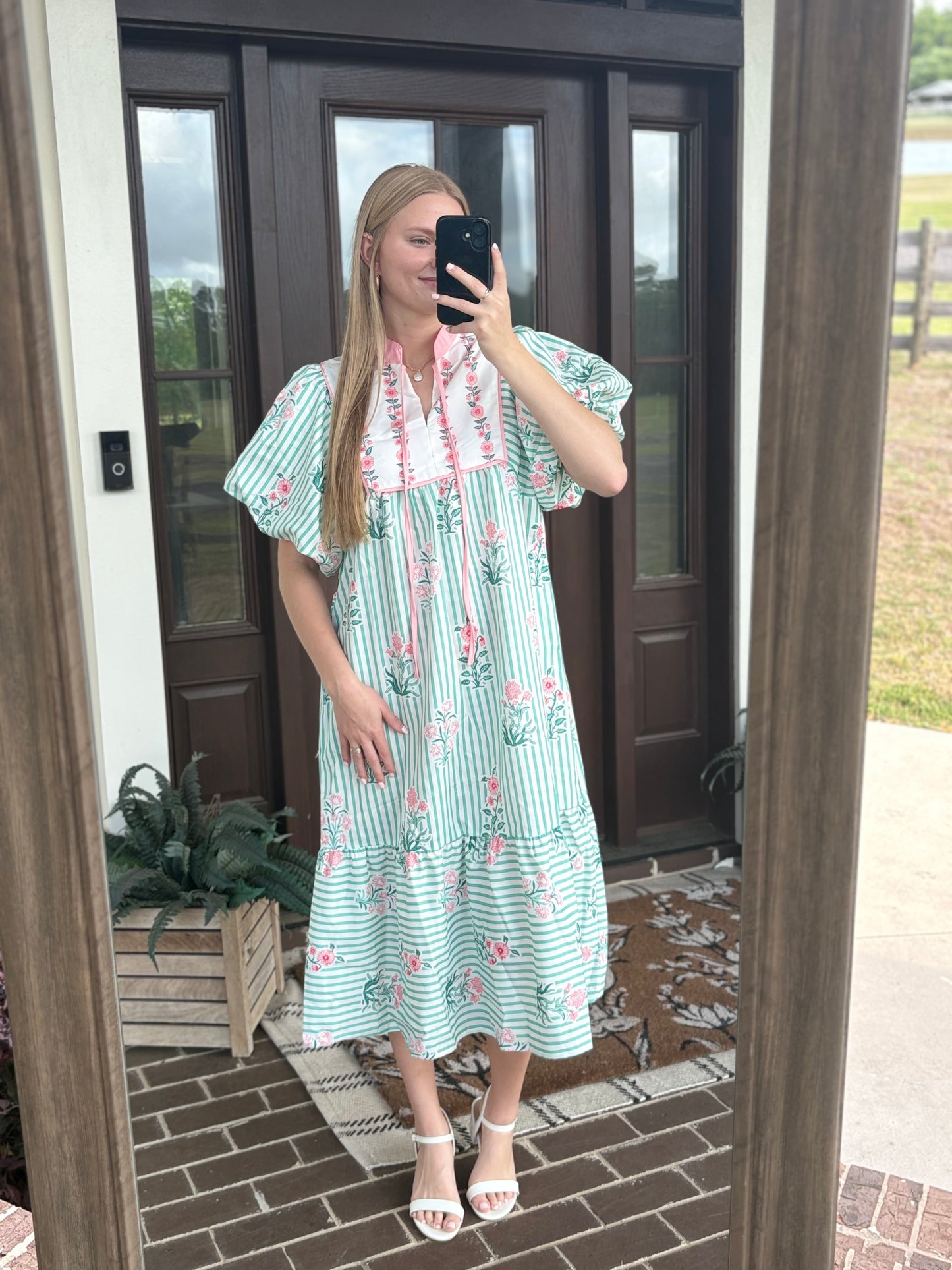 Mint Striped Bubble Sleeve Dress