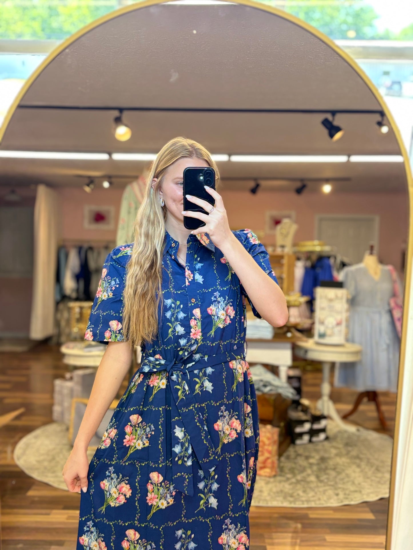 Navy Floral Tie Midi Dress