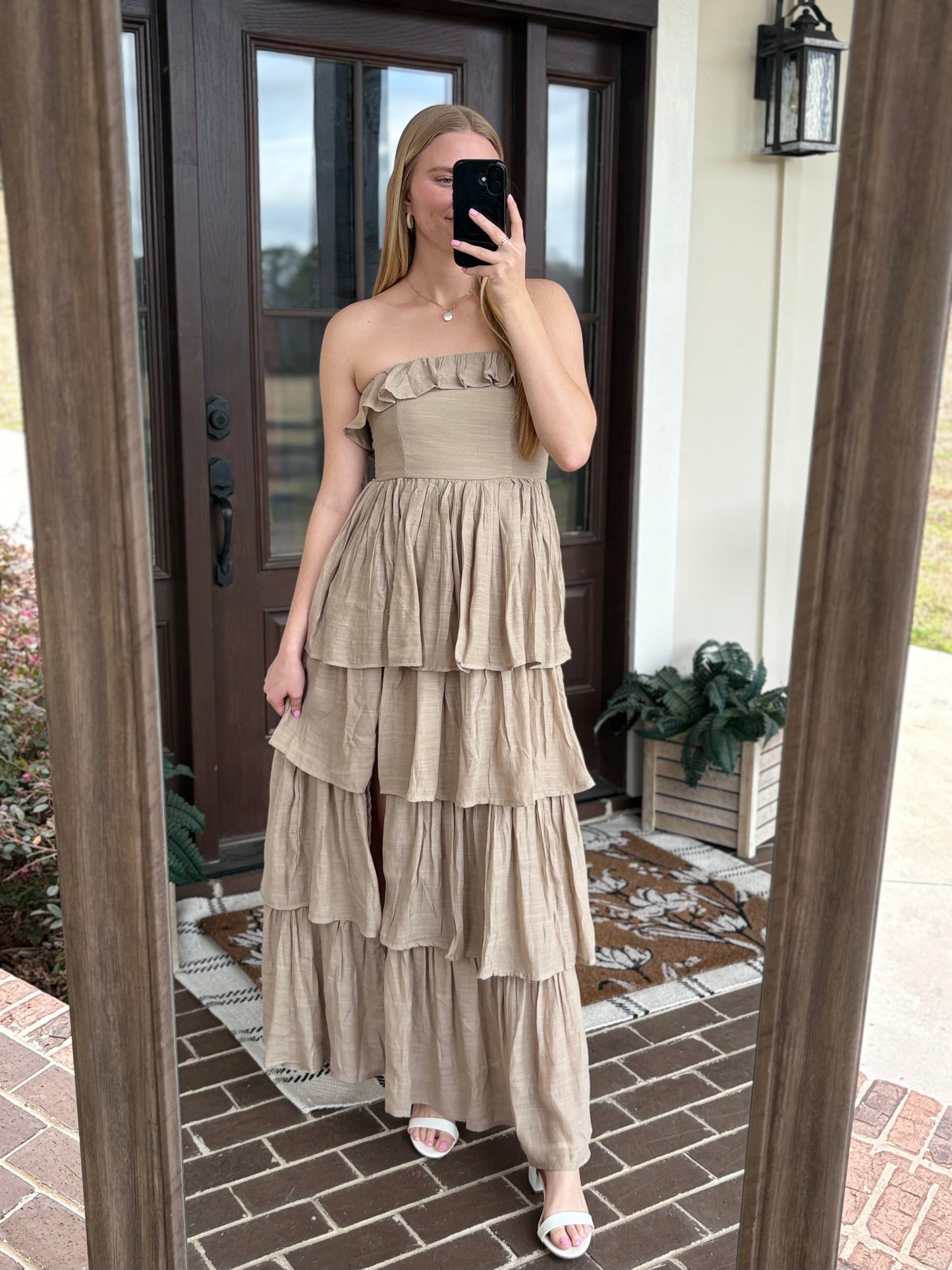 Taupe Ruffle Strapless Midi