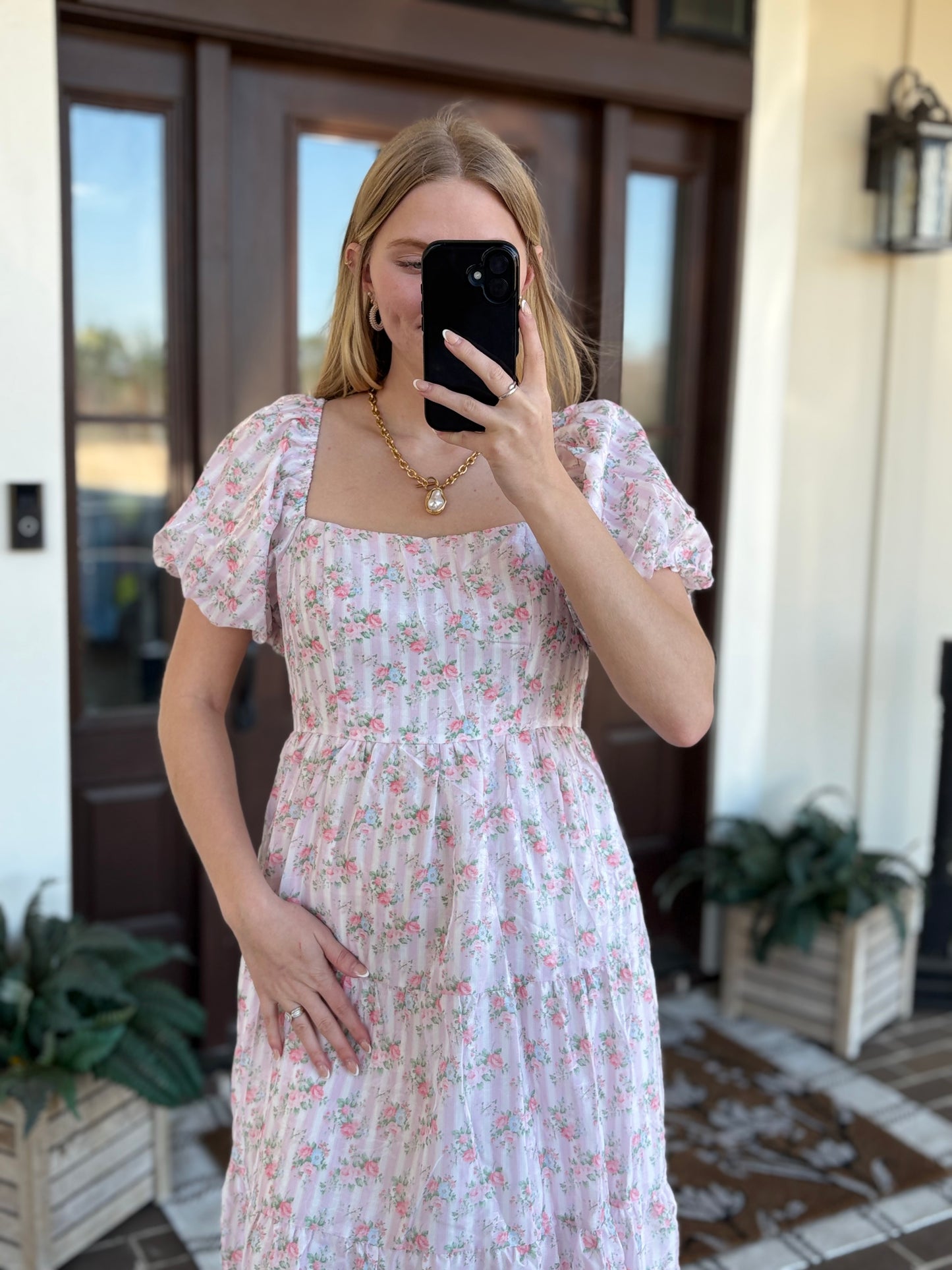 LT Pink Floral Bubble Sleeve Midi