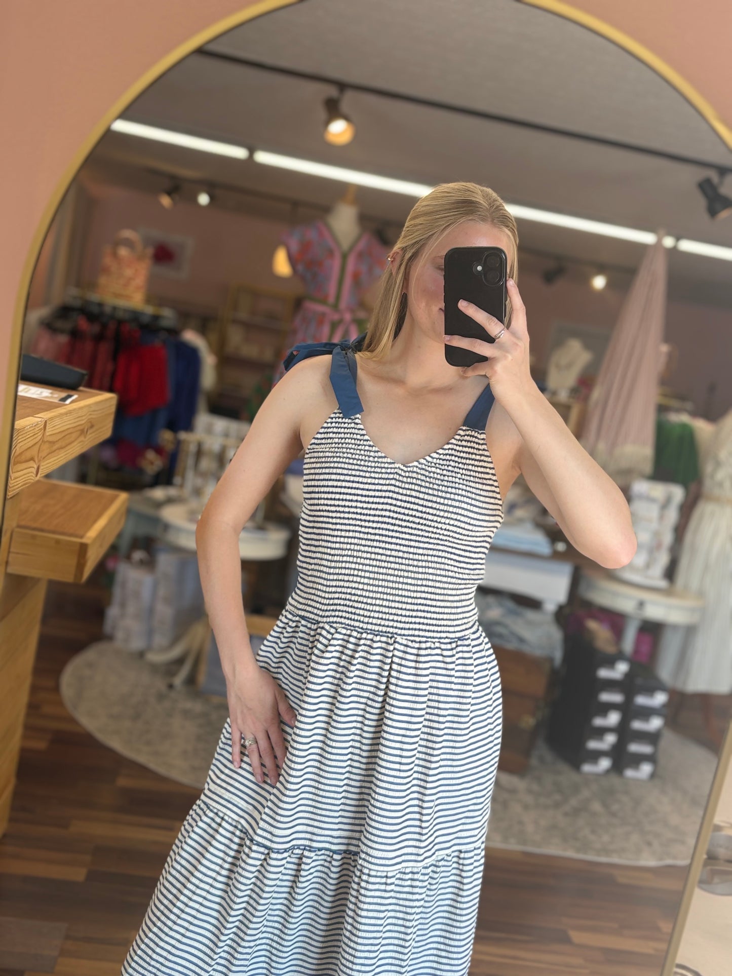 Navy Tie Smocked Dress