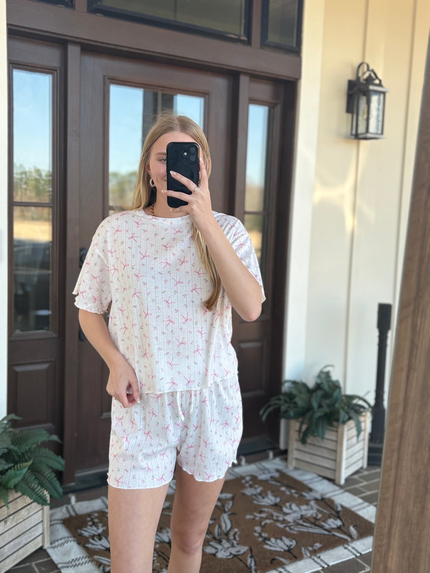 Bow and Floral Rib Knit Lounge Set