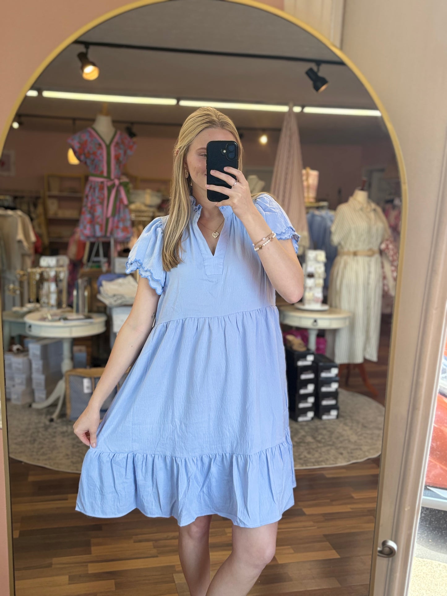 Ice Blue Scalloped V Neck Mini
