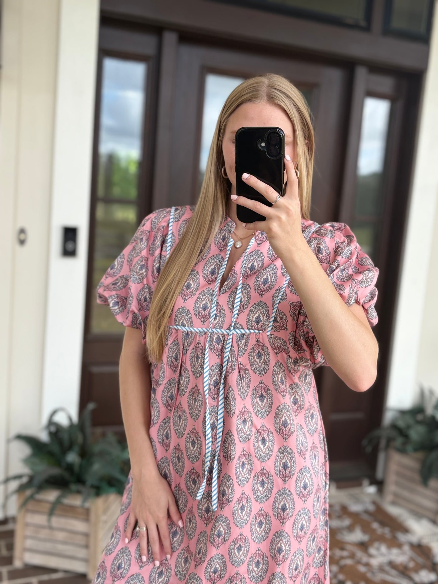 Pink Short Bubble Sleeve Midi