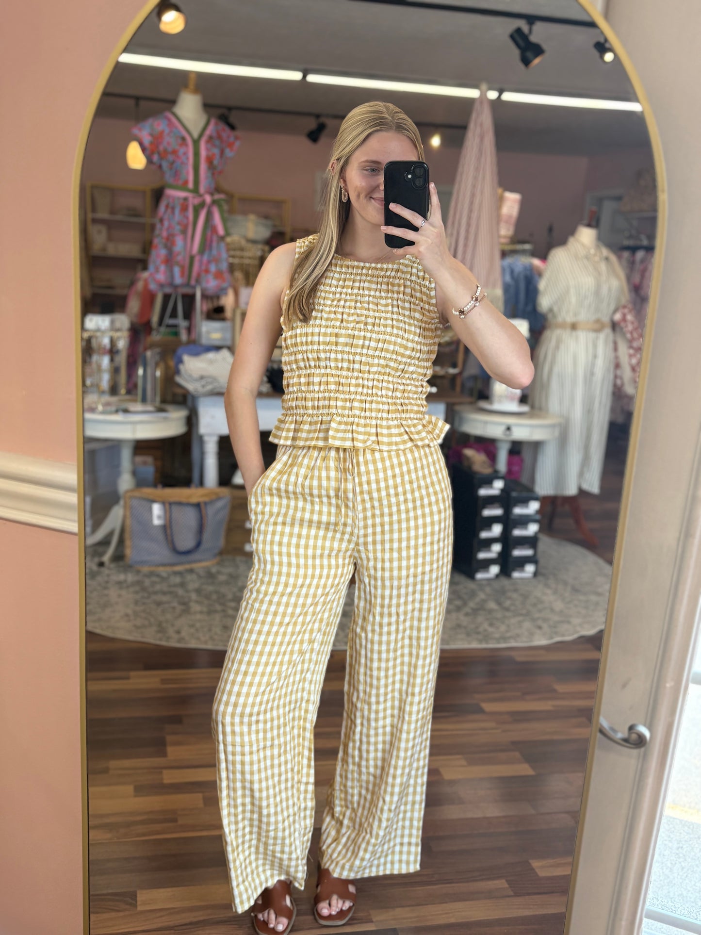 Yellow Gingham Smocked Pant Set