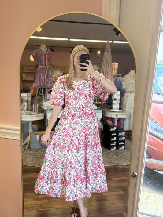 Pink Floral Piped Tulip Midi