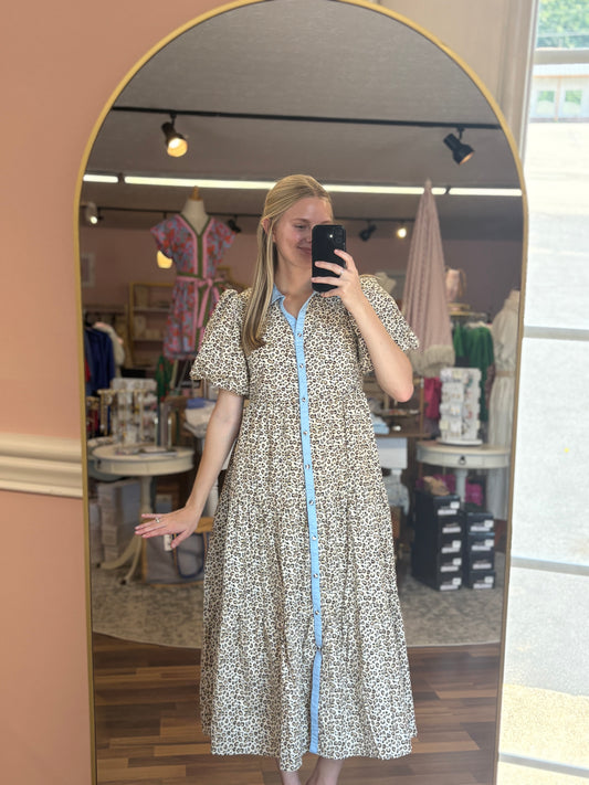 Cheetah Blue Accent Button Midi