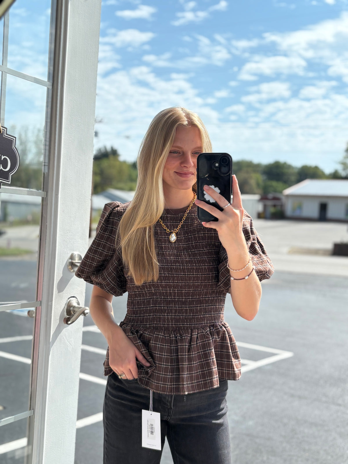 Brown Short Puff Sleeve Smocked Top
