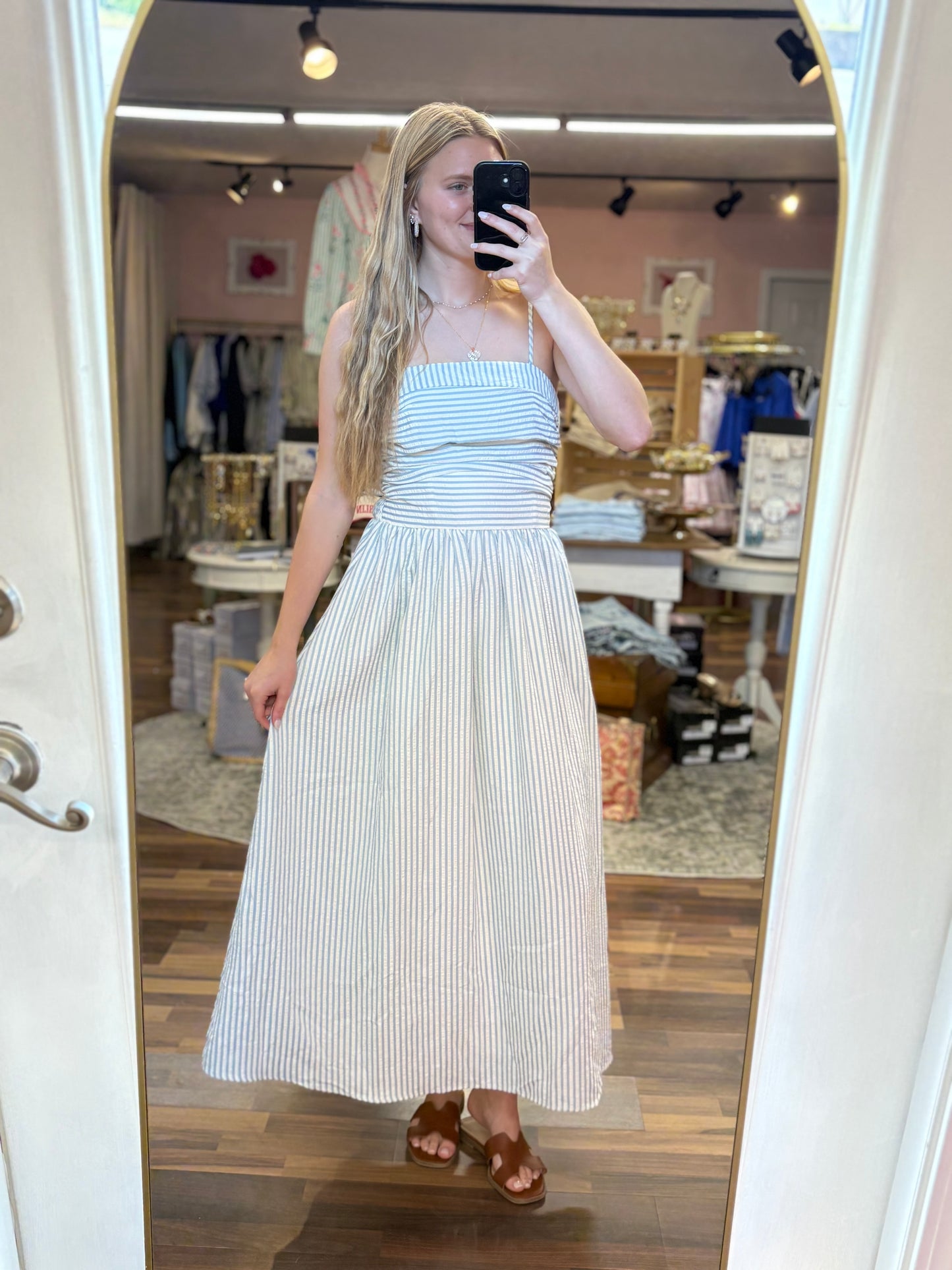 Blue Striped Sleeveless Midi