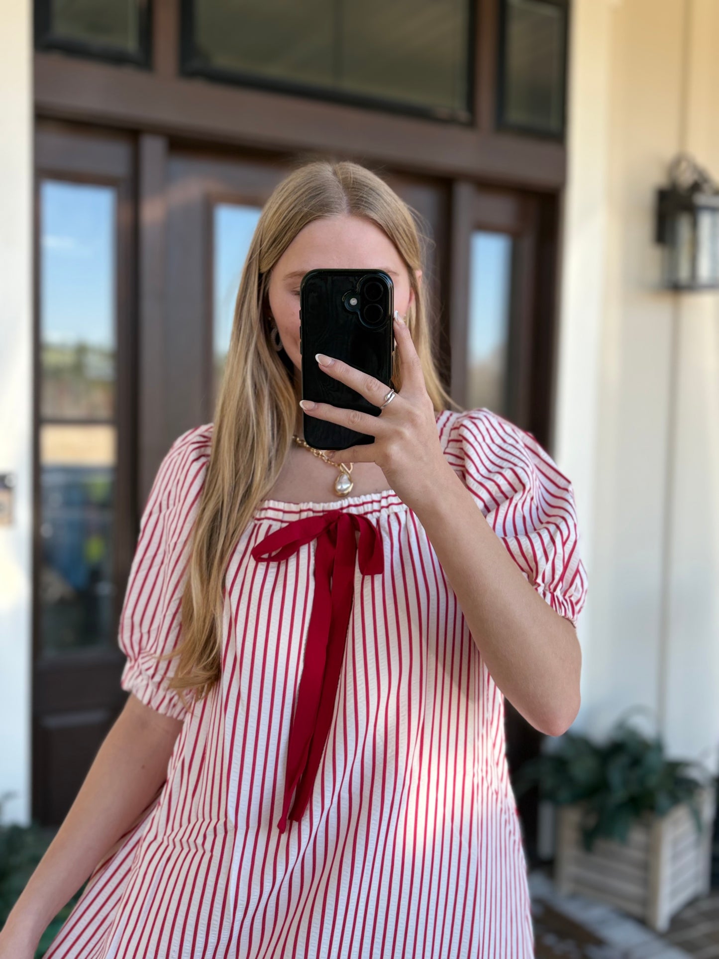 Striped Tie Mini Dress, Red