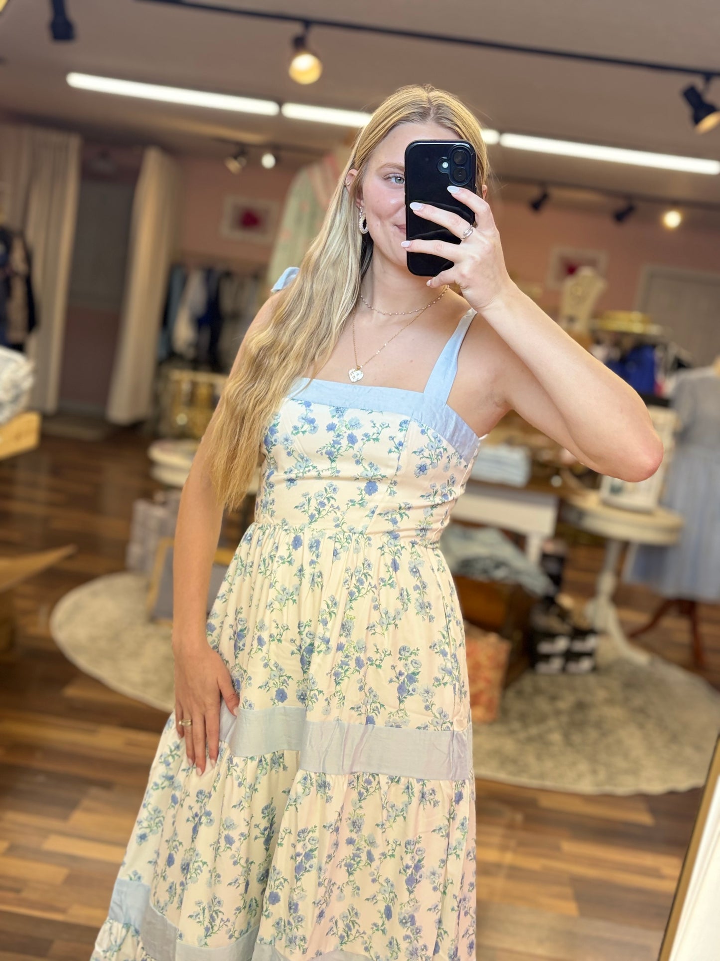 Blue Floral Print Teired Maxi