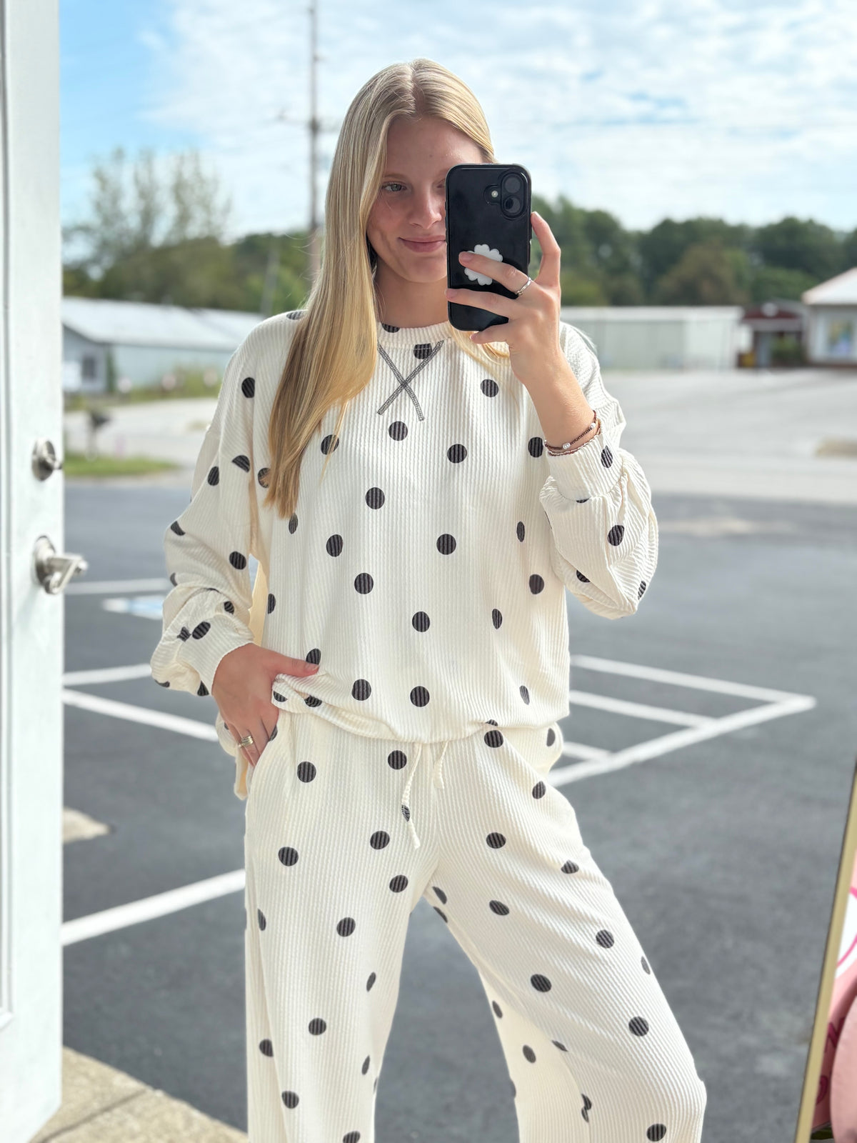 Polka Dot Textured Knit Pants Set