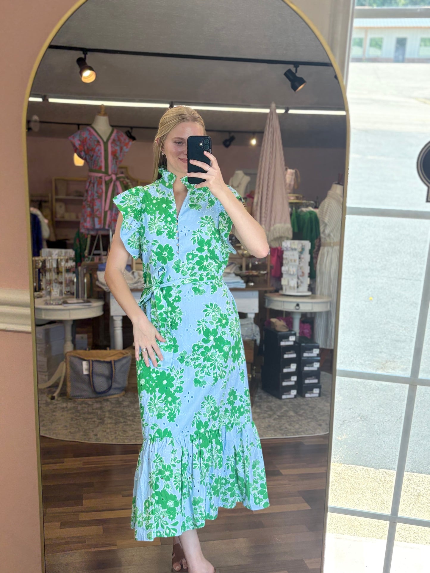 Blue Green Floral Eyelet Midi