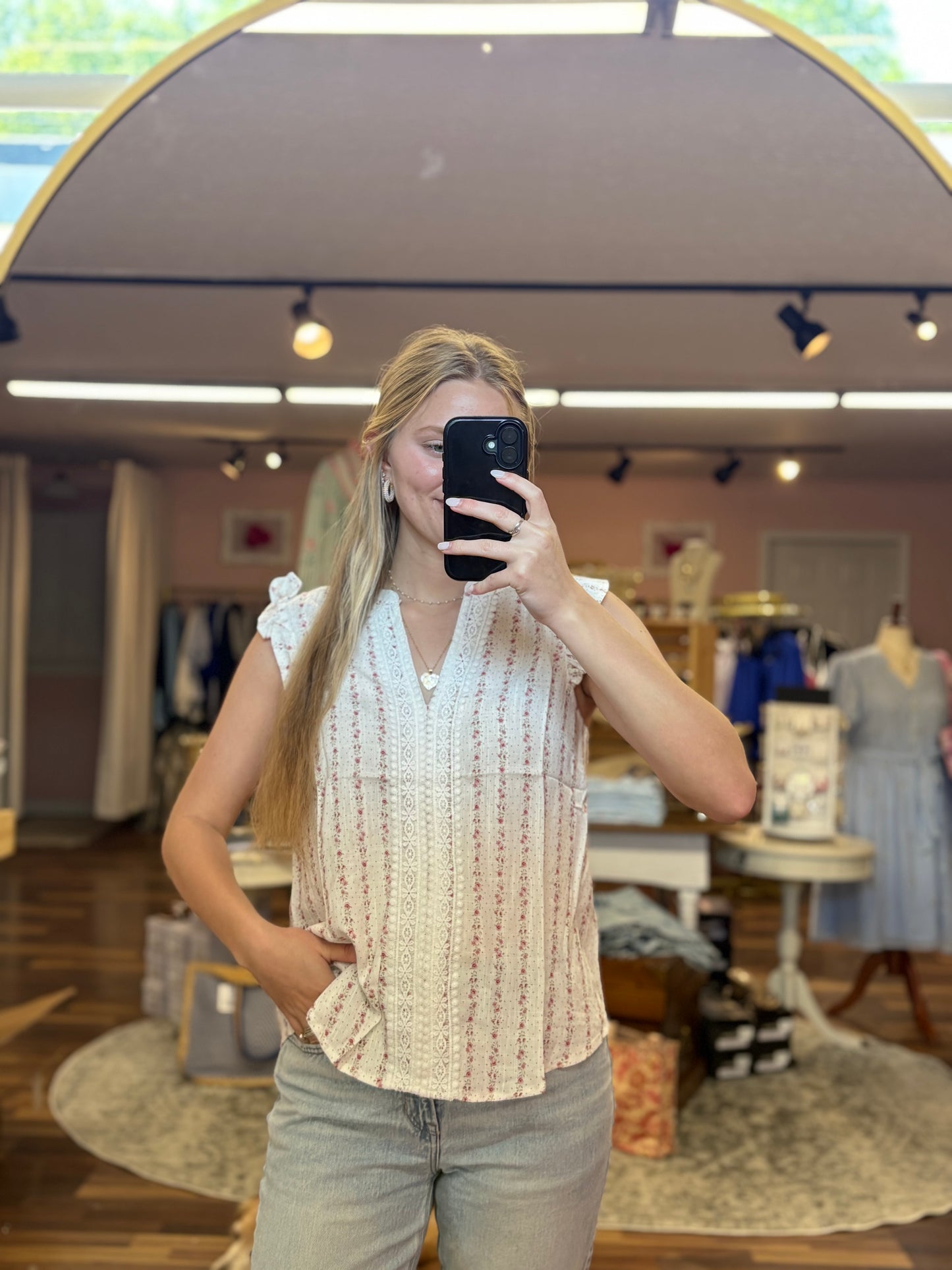 Pink Multi Striped Floral Top