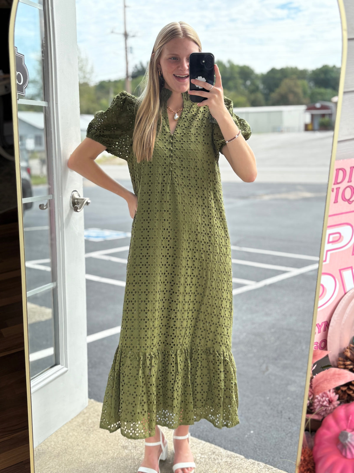 Olive Eyelet Button Midi