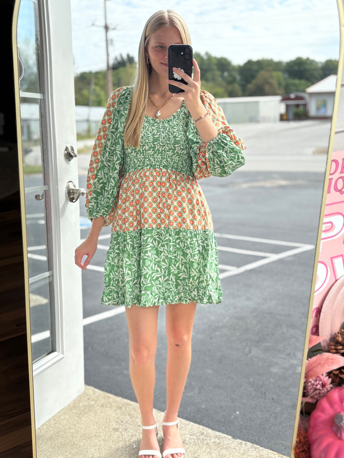 Green Multi Color Smocked Mini