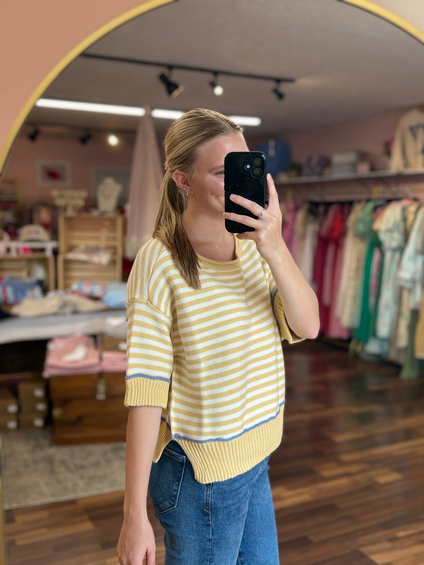 Butter Yellow Stripe Raw Trim Sweater