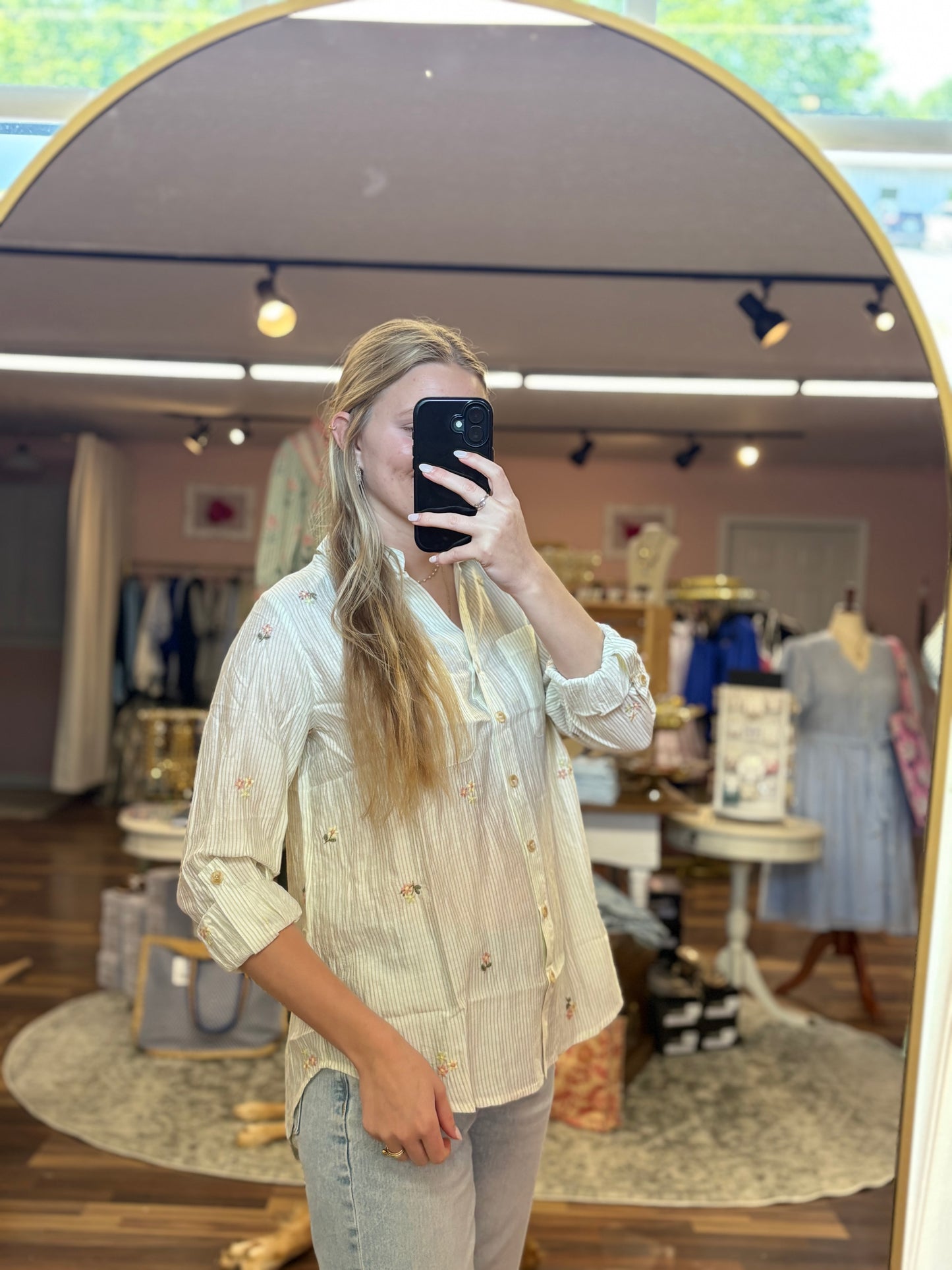 Light Olive Striped Floral Embroidered Top