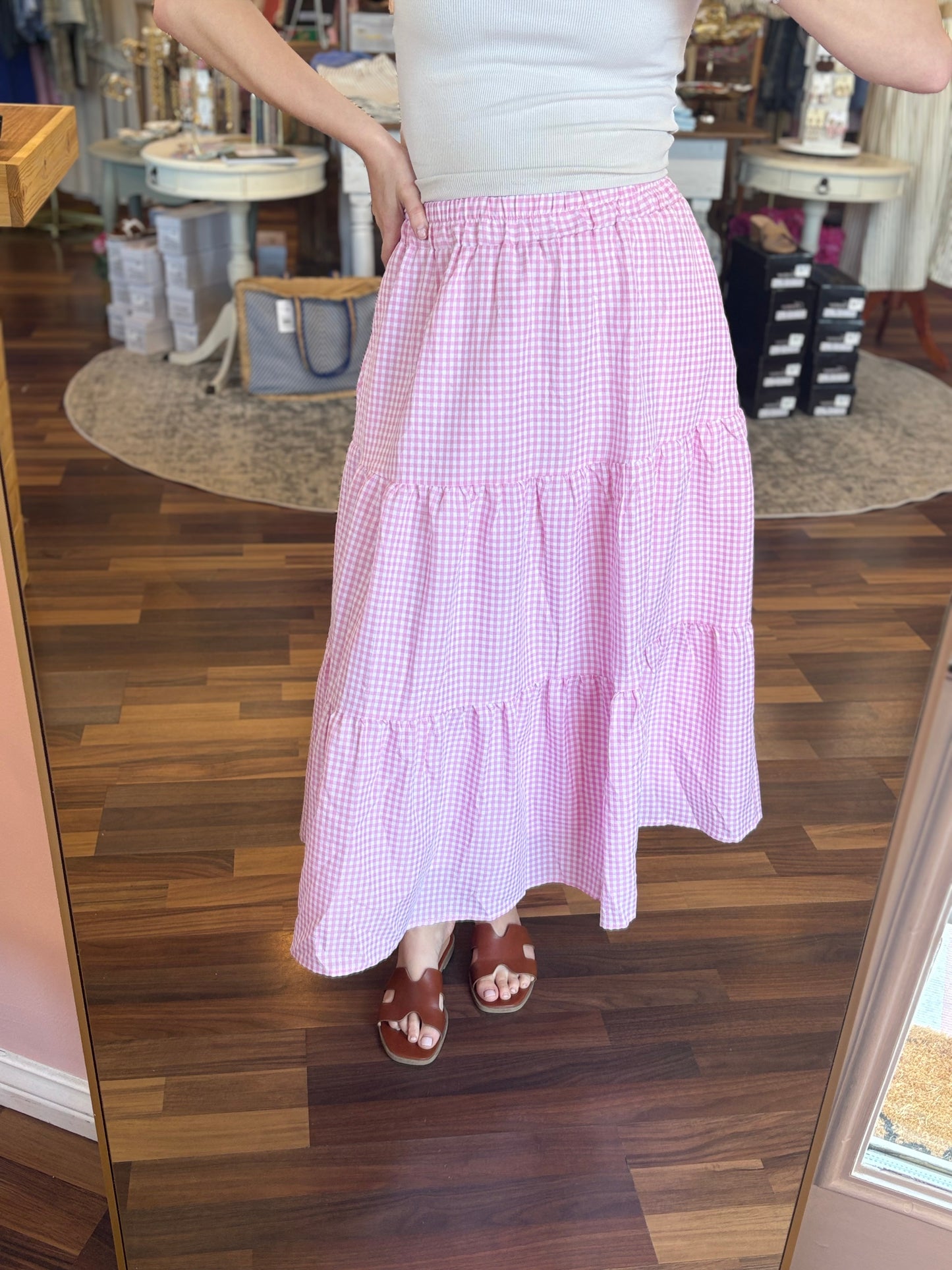 Pink Gingham Midi Skirt