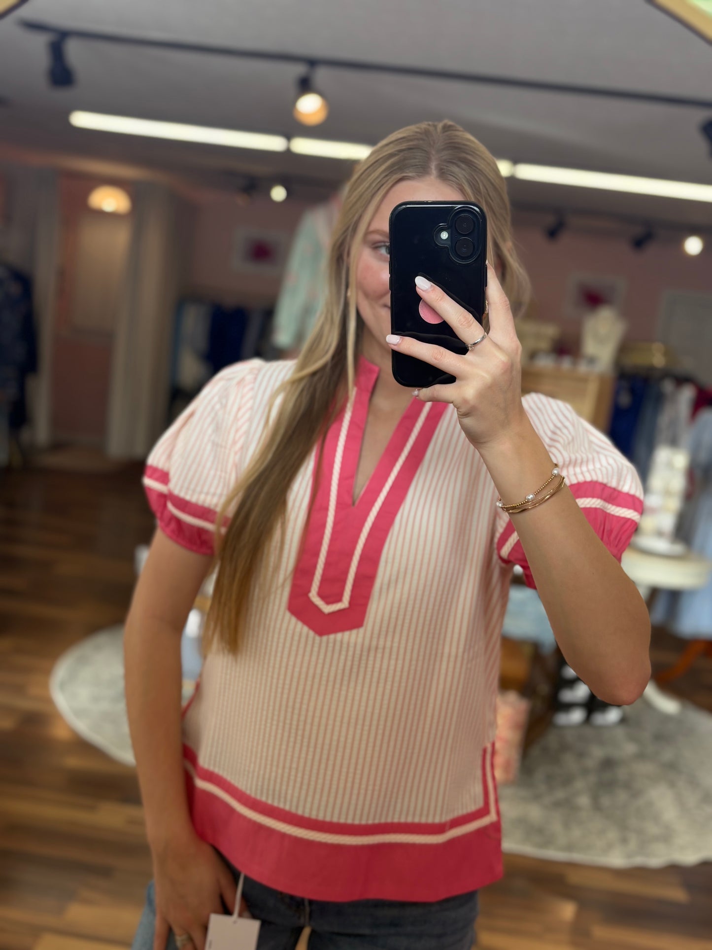 Pink Striped Contrast Blouse