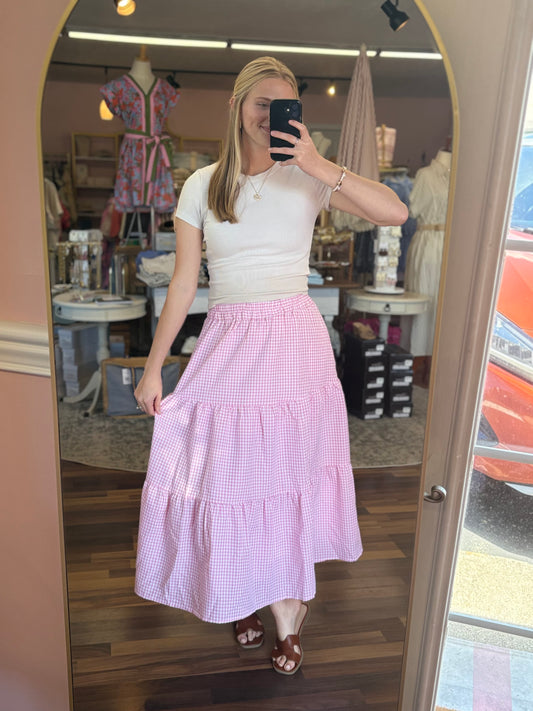 Pink Gingham Midi Skirt