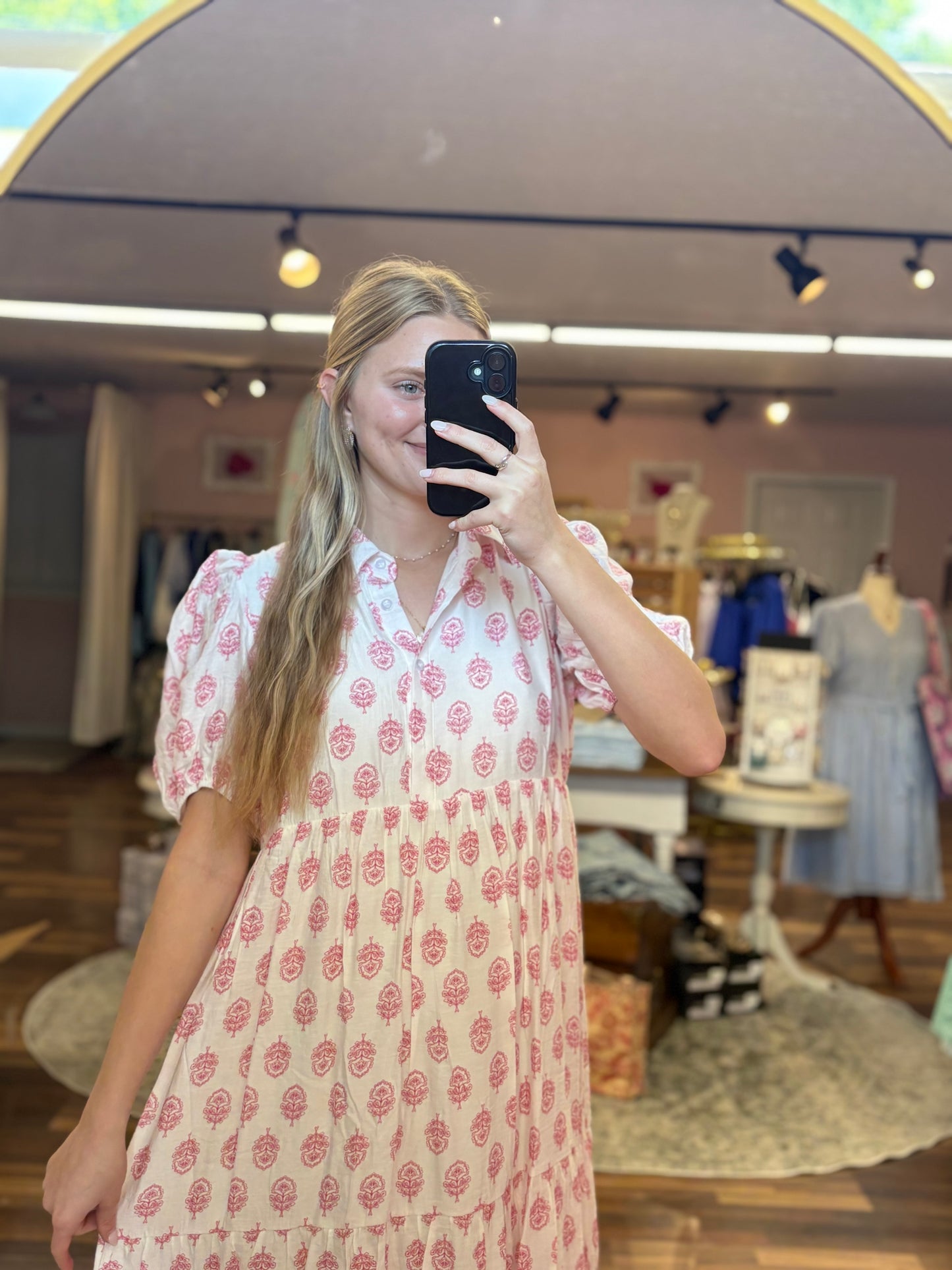 Pink Floral Button Midi