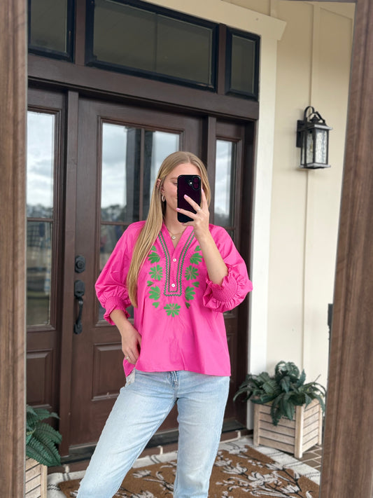 Hot Pink, Green Floral Blouse